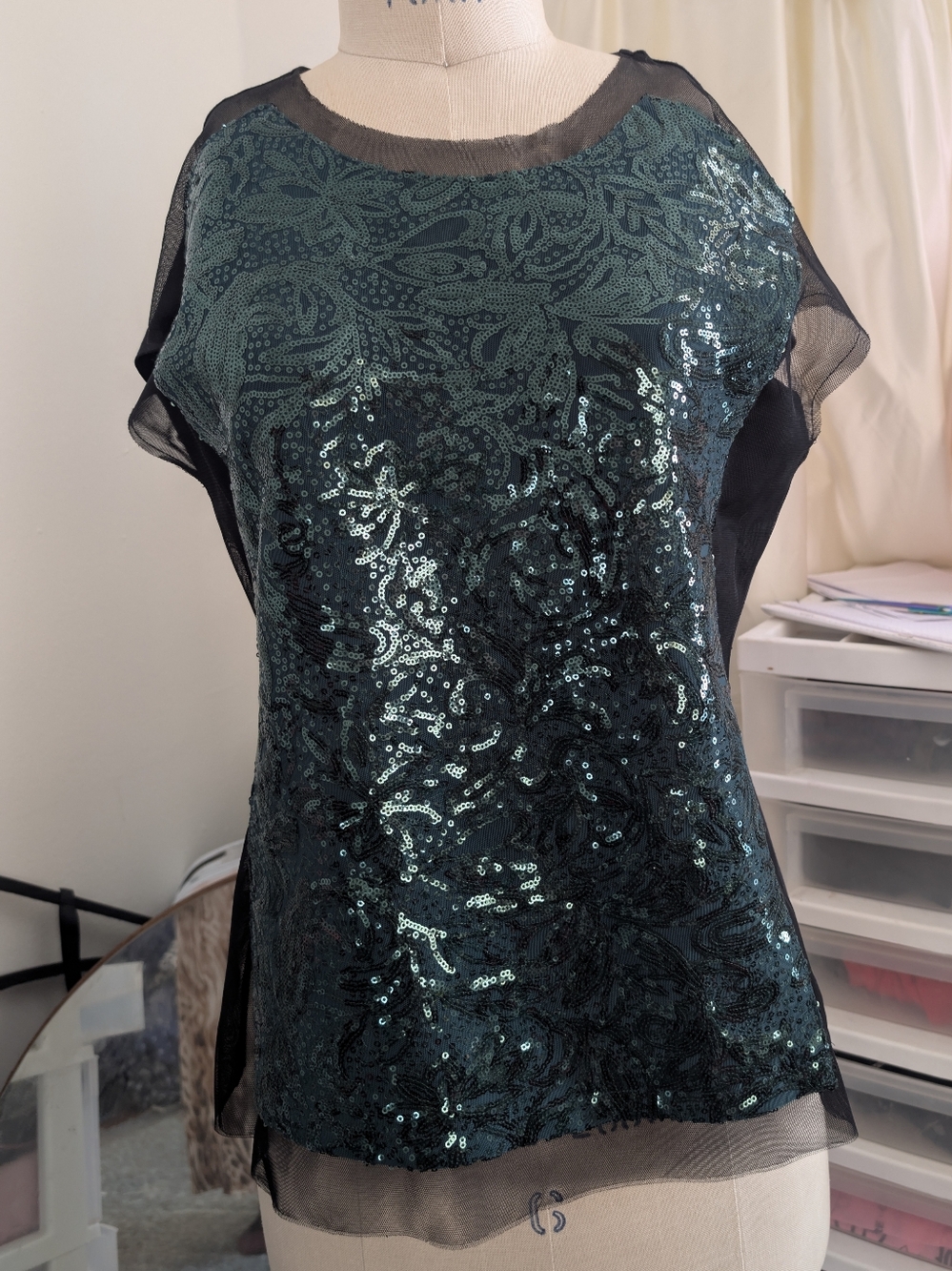 BCBGMaxAzria Emerald Green Sequin Mesh Top Small